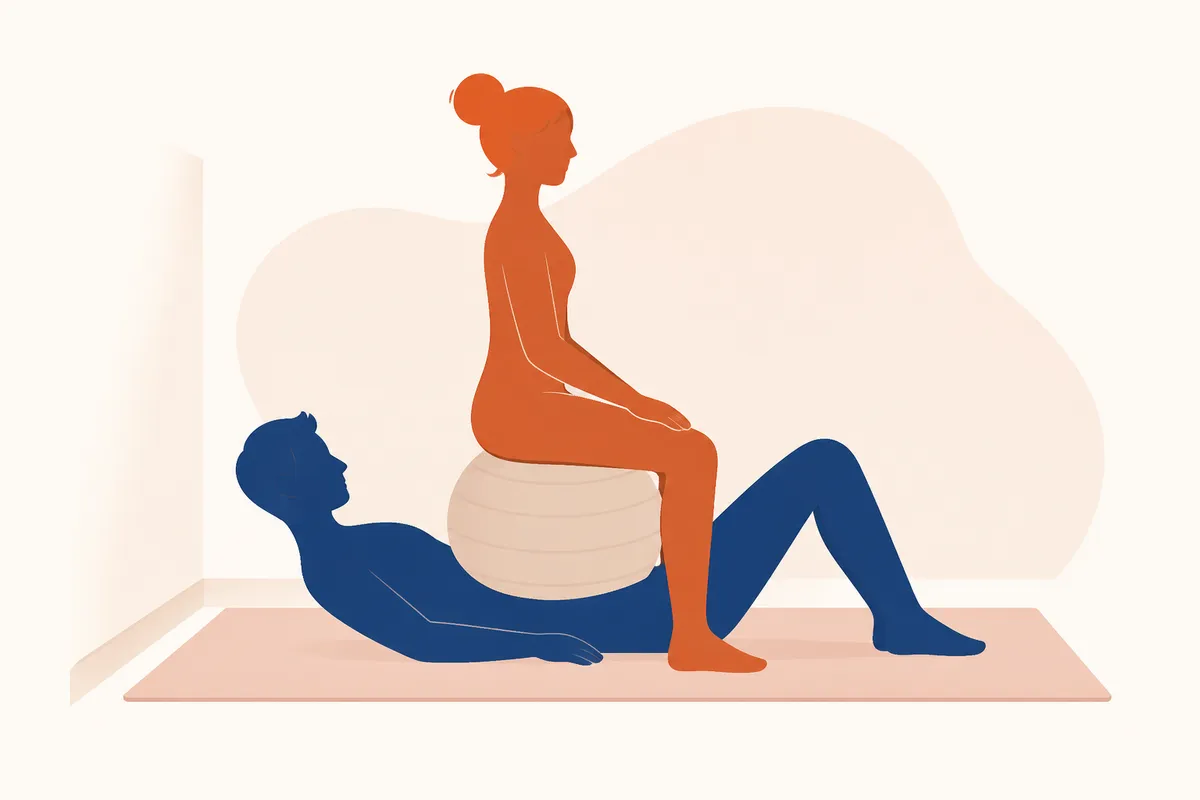 Fitneszlabdán lovagló szexpozíció illusztrációja: a fekvő partner fölött, fitneszlabda rugalmasságát kihasználva könnyed, ruganyos ritmus alakítható ki.