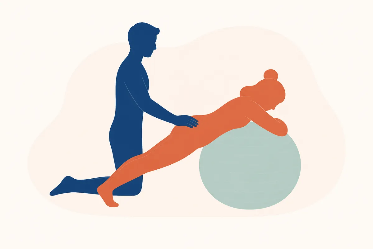 Fitneszlabdára dőlve szexpozíció illusztrációja: a fogadó fél a fitneszlabdára hasal, a partner mögötte térdel vagy áll.